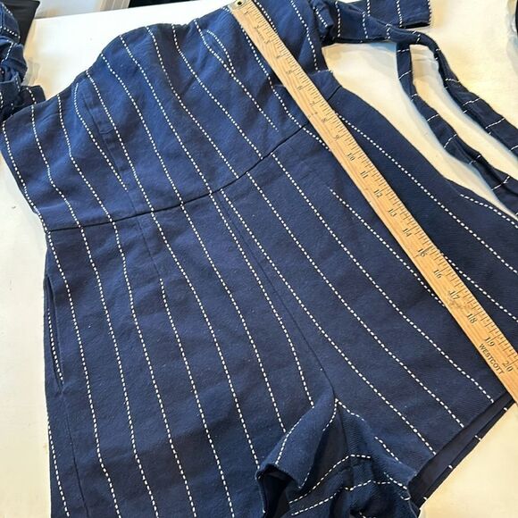 J.O.A. Sunny Sensation Navy Blue Striped Off-the-Shoulder Romper Med - Picture 6 of 8